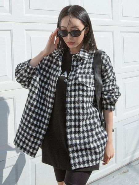 

dazy houndstooth drop shoulder tweed overcoat r2bf#, Black