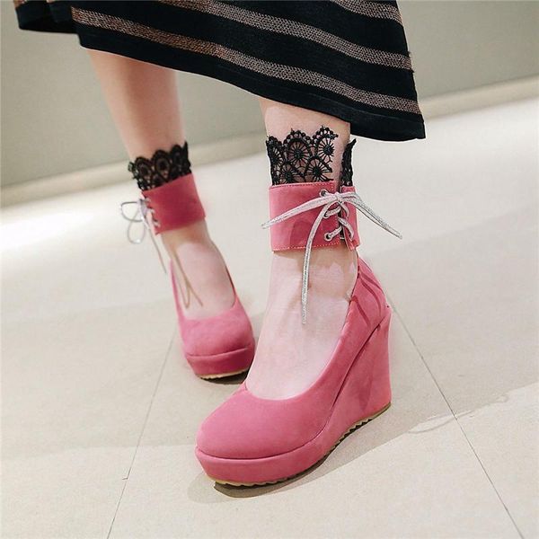 

ymechic 2021 fashion princess lace ankle strap cross tied wedges high heels pumps platform party womens shoes black pink 43 42