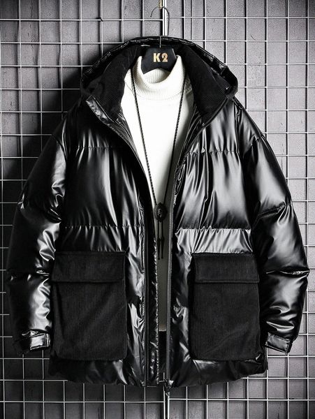 

men flap pocket hooded pu leather puffer coat without sweater f0em#, Black;brown