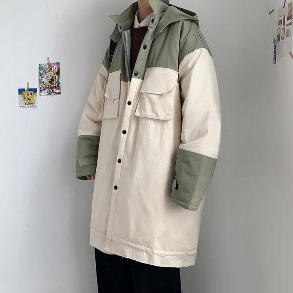 

winter thick long coat men's parka warm fashion hit color casual hooded coat men wild loose cotton oversize jacket mens overcoat, Black