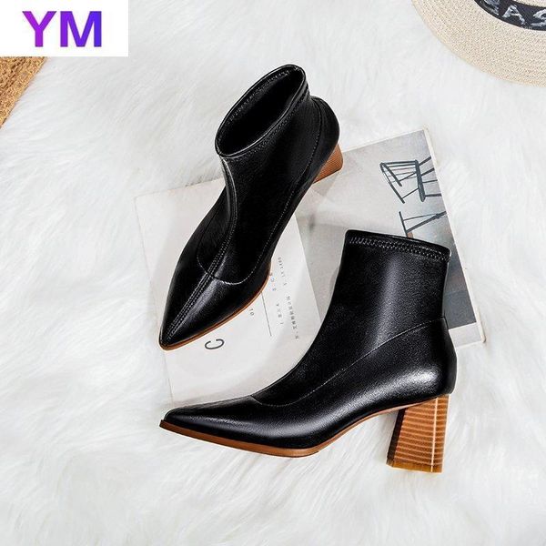 

2020 new winter gentlewoman pointed toe fashion women bottine high chunky heels lady mujer boots fashion lady shoes zapato1, Black