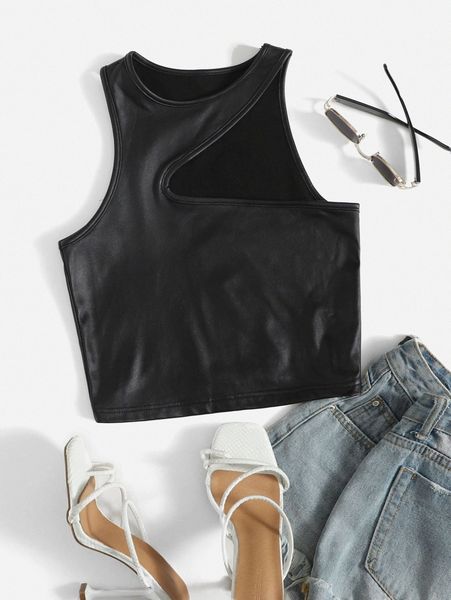 

solid cut out pu leather tank 42ks#, White