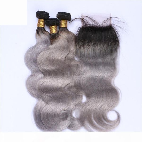 

silver grey ombre brazilian human hair wefts with closure two tone 1b grey ombre human hair body wave 3bundles with 4x4 lace closure, Black