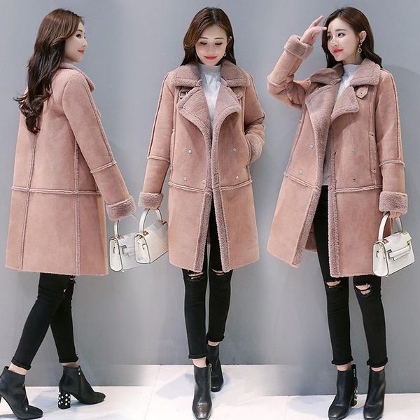 

winter women pocket turn down collar coat sheepskin lamb fur coat leather jacket outwear long thicken snow wear, Black
