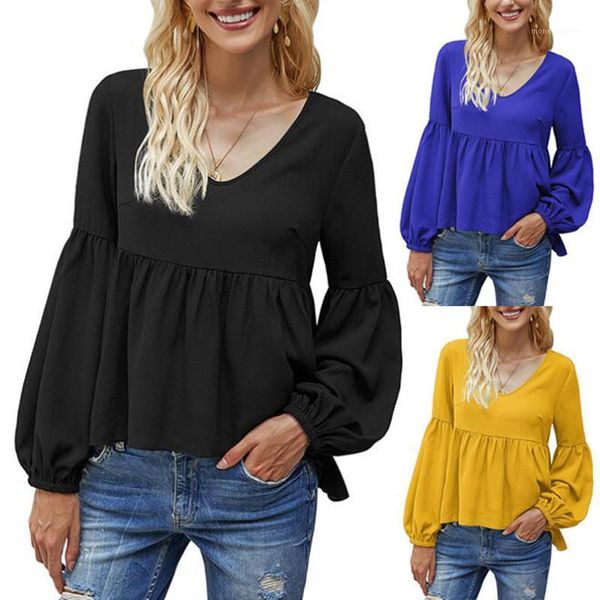 

ropa de mujer women casual blouse solid color long sleeve v neck sweatshirt loose print girl pullover tees female clothes1, White