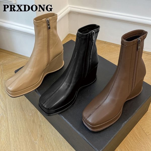 

2021 new autumn winter handmade ankle for women wedges high heels short boots black brown casual shoes woman size 34-40, Red;white