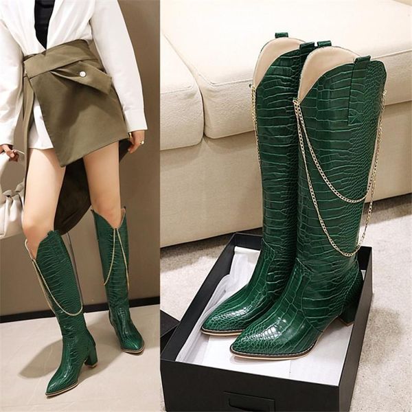 

boots pxelena fashion metal chain women western cowboy knee high plus size 34-45 winter warm 2021 motorcycle riding knight shoes, Black
