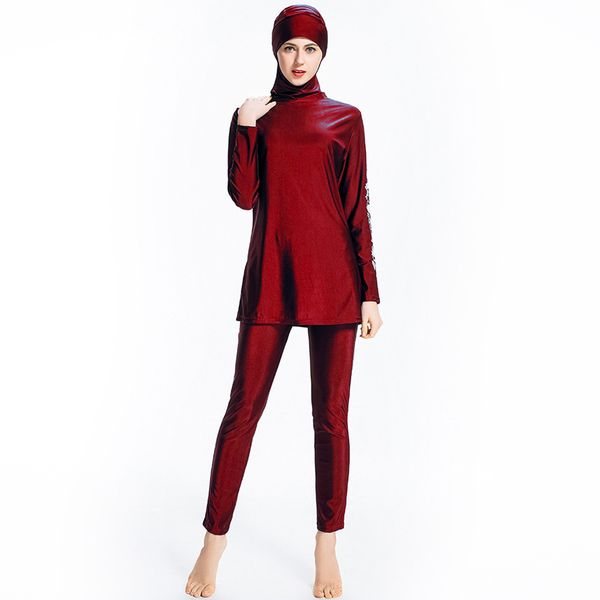 

2021 new middle eastern women conservative stylish temperament solid color with three-piece swimsuit hood s0ua, Red