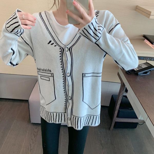 

women's knits & tees 2 colors autumn vintage knit cardigan female slim women sweater fashionable two-dimensional line v-neck sweaters, White