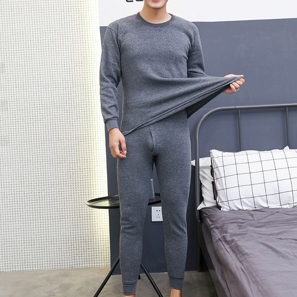 

2pcs men's winter thermal underwear suit circular collar large size long sleeve pure color warm clothing set + pants, Gray