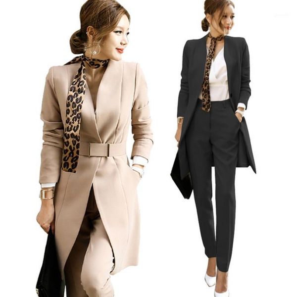 

business autumn women 2 piece set 2020 formal long sleeve v neck blazers coat+ pencil full length pant suit with belt1, Gray