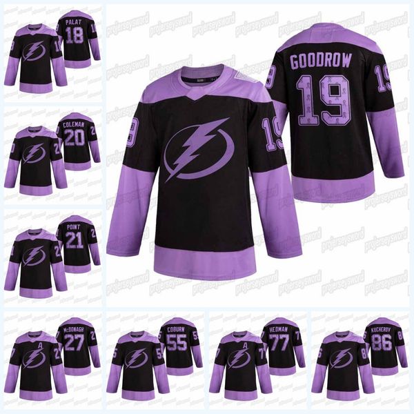 

2021 tampa bay lightning hockey fights cancer jersey black purple ribbons ondrej palat blake coleman brayden point andrei vasilevskiy jersey, Black;red