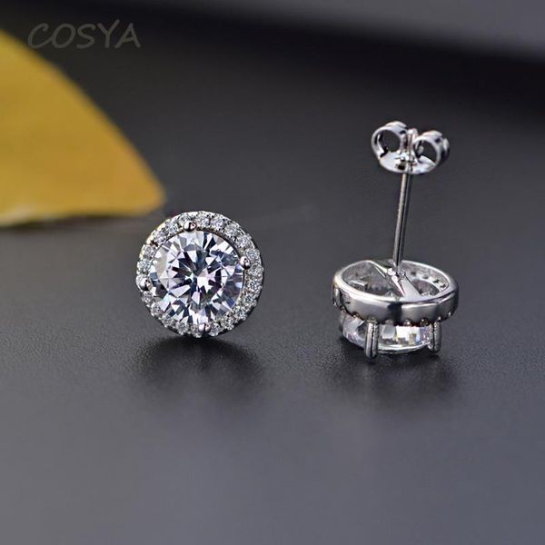 

stud cosya round white zircon 7*7mm classic anniversary earrings real 925 sterling silver temperament ladylike jewelry wholesale, Golden;silver