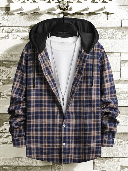 

men tartan drawstring hooded coat without tee r2n0#, Black;brown