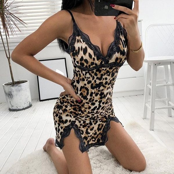 

women leopard printed lace night dress lingerie v neck night gown summer sleepwear spaghetti strap nighty sleep wear1, Black;red