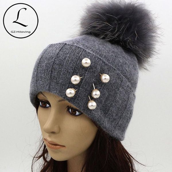 

beanie/skull caps gzhilovingl pearl earring hats for women real ball gray knitted with pearls decoration warm thick striped gorros 61123, Blue;gray