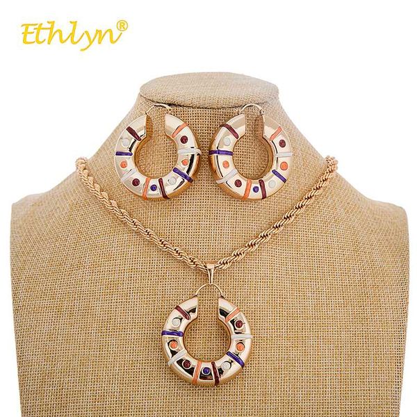 

ethlyn women jewelry set drip oil round pendant vintage jewelry sets earrings chain nigerian/african wedding gift, Silver