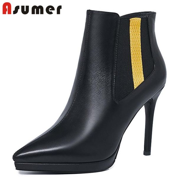 

asumer 2020 genuine leather ankle boots women thin high heel platform shoes autumn winter dress party shoes woman, Black
