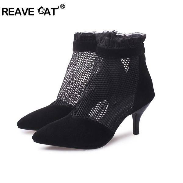 

reave cat big size 43 summer ankle boots women mesh embroider high thin heels zipper pointed toe hollow shoes bottes femmes, Black