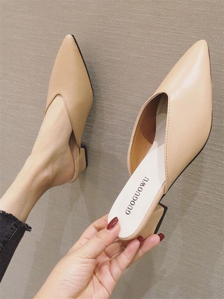 

shoes cover toe woman's slippers slides square heel med fashion heeled mules 2021 block luxury high pointed soft spring rome, Black