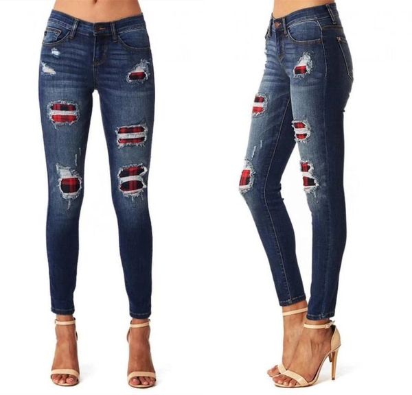 

women's jeans ripped holes patchwork women skinny pencil denim pants high stretch distressed spijkerbroeken dames jeggings woman, Blue