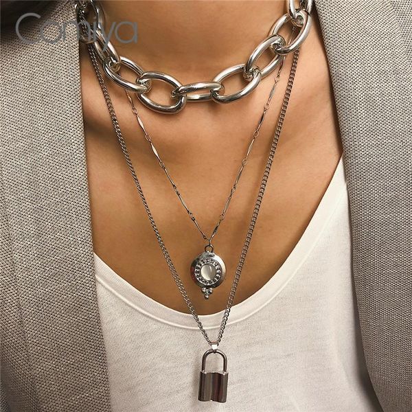 

comiya necklaces for women zinc alloy multi layers accessories long links chains opal mosaic lock pendant necklace mujer collier, Silver