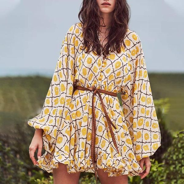 

casual dresses fashion spring 2021 stand collar lantern sleeve plaid printed single breasted lace up dress women high waist su2r, Black;gray