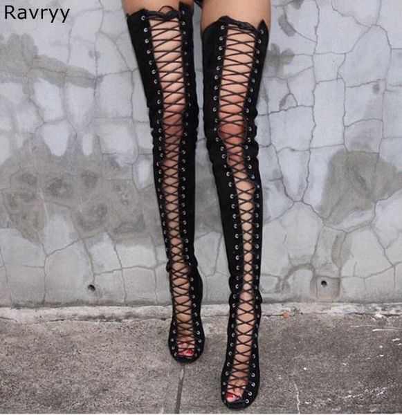 

boots cross-tied woman long suede leather black over-the-knee boot peep toe lace up design fashion female motorcycle booties