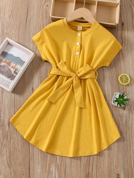 

toddler girls solid belted a-line dress she, Red;yellow
