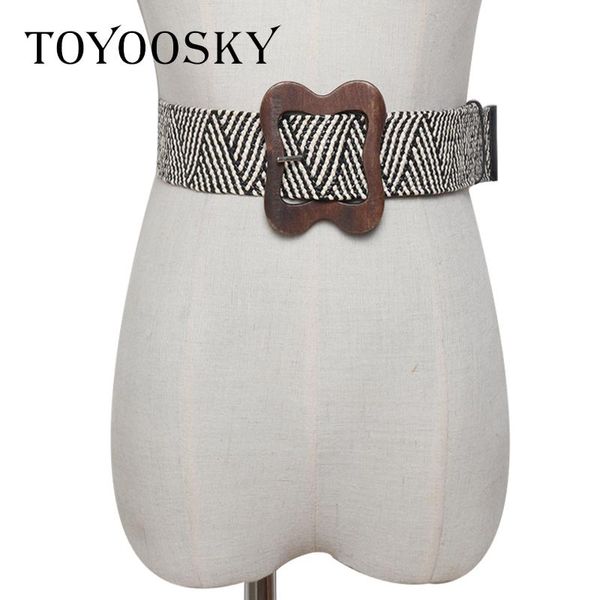 

toyoosky designers women belts knitted wooden buckle wide belts for jeans dress fashion all-match belt for female cinturon mujer, Black;brown
