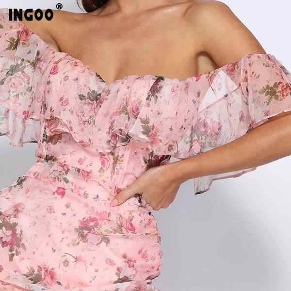 

ingoo spring ruffles floral print off shoulder mini dress women summer elegant strapless backless bodycon dresses vestidos1, Black;gray