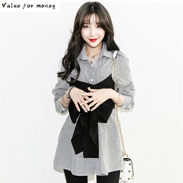 

spring new 2020 fashion korean girl's shirt turn-down collar bow waist patchwork fake two pieces girl's blouse, White