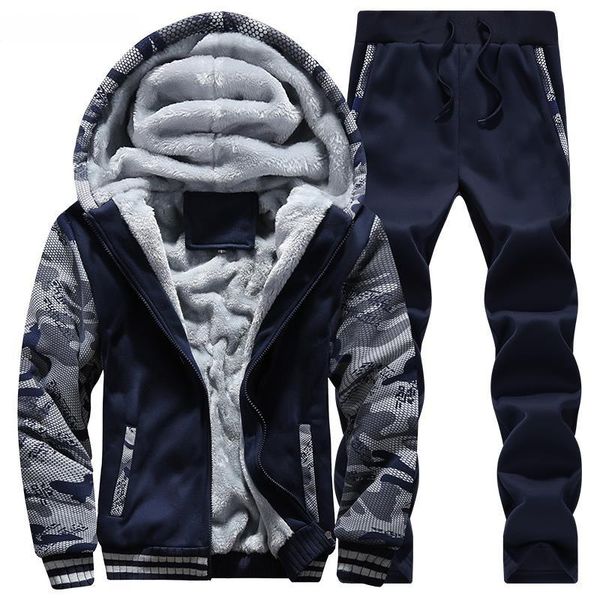 

tracksuit men sporting fleece thick hooded brand-clothing casual track suit men jacket+pant warm fur inside winter sweatshirt, Gray