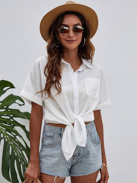 

pocket front button up solid blouse a8sn#, White