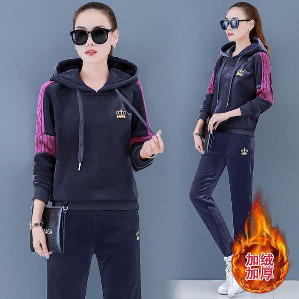 

4xl winter thick velvet women tracksuit sports wear warm hoodie loose running jogging outfits workout casual set sweatshirt+pant, Black;blue