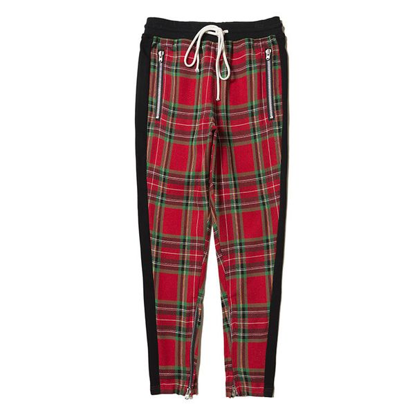 

european and american street style celebrities same style contrast red and green color plaid zipper fashion pants all-match pants size s-xl, Black