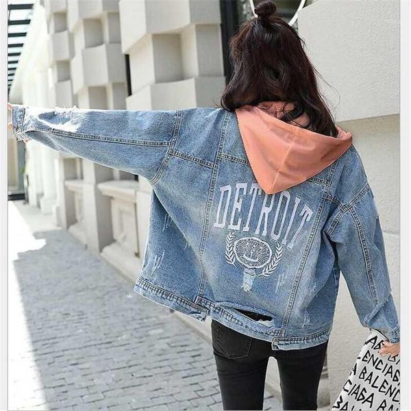 

detachable hooded denim jacket women letter embroidery tearing hole jean coat female boyfriend denim jackets spring autumn g2521, Black;brown