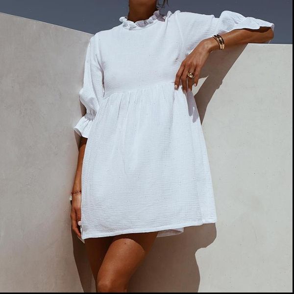 

women casual ruffles solid loose mini dress ladies o neck seven sleeve party dress 2021 new fashion women straight dress, Black;gray