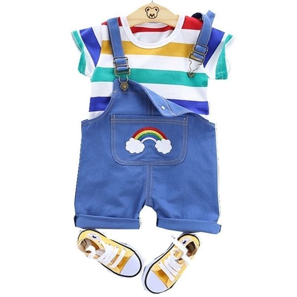 

summer baby boy girls leisure clothing set infant clothes fashion kid stripe t-shirt overalls 2pcs/set children cotton tracksuit 1021, White