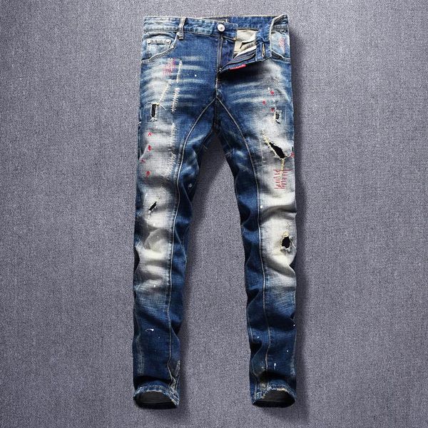 

fashion streetwear men jeans retro blue elastic slim fit ripped denim trousers embroidery patchwork spliced hip hop biker pants