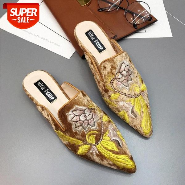 

women fur slides mules ethnic satin embroidery slippers casual flats shoes woman slip on loafers chic mules flower #bw6a, Black