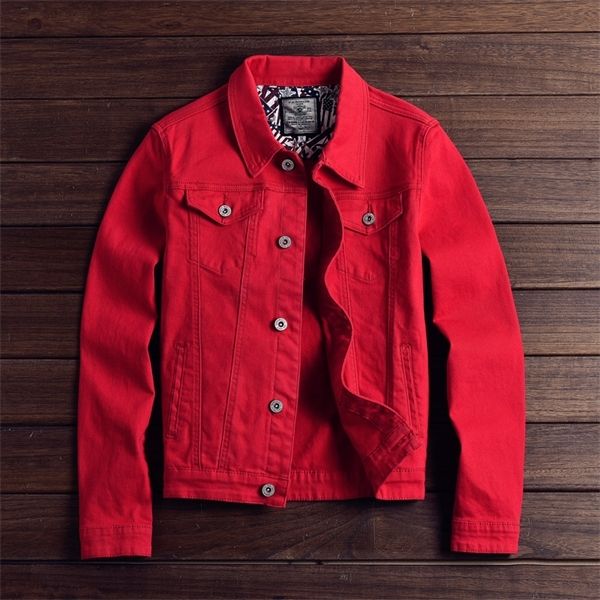 

fashion men's denim jackets slim fit spring autumn jeans jacket pink red turn down collar outwear size m-3xl x1025, Black;brown