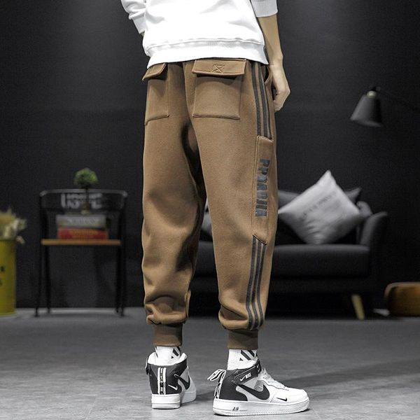 

men's pants 2021 winter large size mens tie-foot striped letter printing plus velvet thickening casual sportspants pantalones de hombre, Black