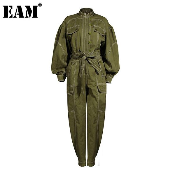 

eam] loose fit women green pocket split long jumpsuit new high waist pocket stitch pants fashion spring autumn 2020 1da244, Black;white