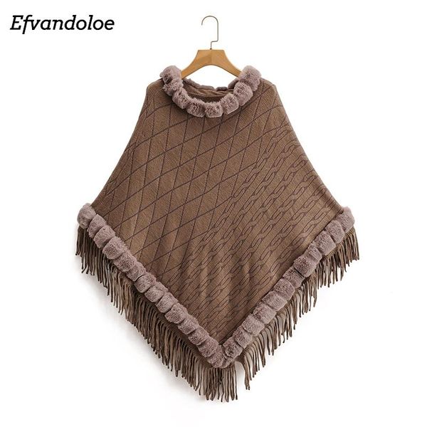 

winter women brown poncho faux fur spliced shawl 2020 fashion tassel scarves, Blue;gray