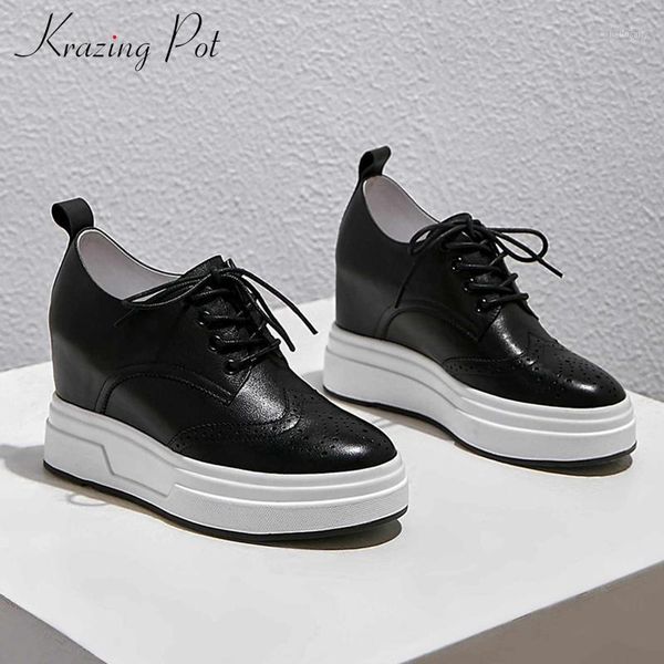 

krazing pot brogue height increasing genuine leather shoes round toe thick bottom campus fashion wear lace up women pumps l011, Black