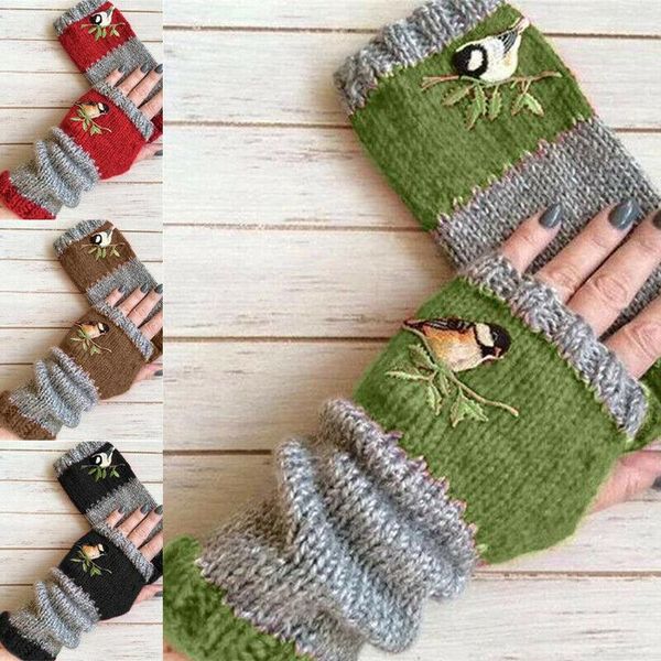 

five fingers gloves fashion warm stitching embroidered women fingerless knitted j55, Blue;gray