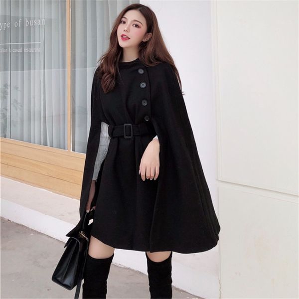 

2021 new outono feminino tnica manto novo estilo coreano cinto casaco chique ponchos l solta meados comprimento xale elegante tuqj, Black