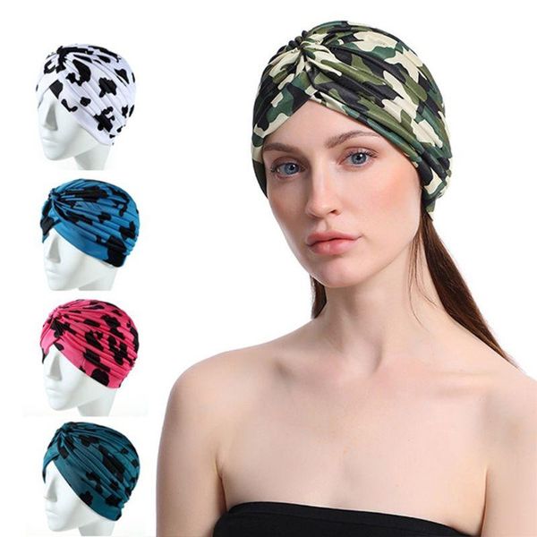 

women colored camouflage dotted print turban hat twist knotted front india chemo cap pleated wrinkle stretchy beanie head wrap, Blue;gray