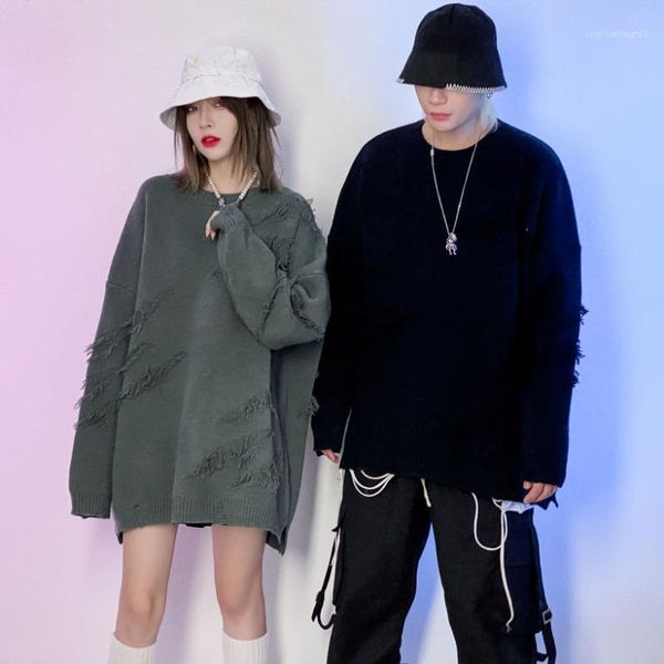 

men's sweaters hip hop fashion sweater pullover men solid colors ripped holes knitted harajuku male streetwear casual pullover1, White;black